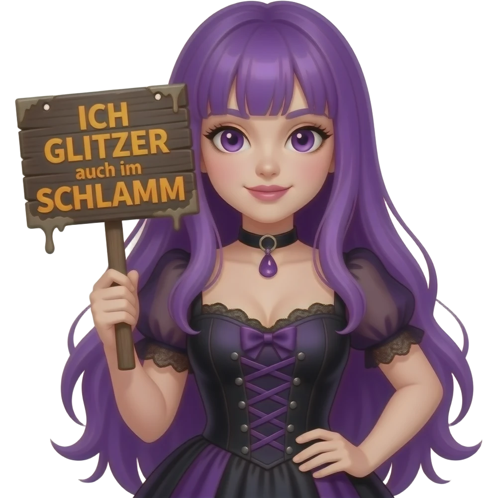 sexy girl with long purple hair and purple eyes wearing a halloween dress holding a ICH GLITZER auch im SCHLAMM sign emoji