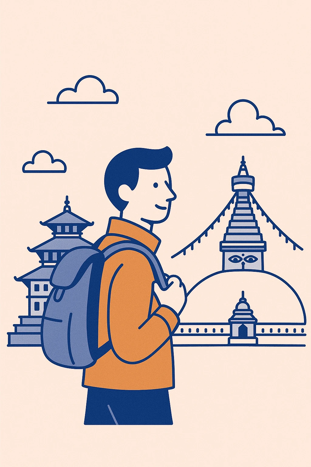 minimalist design of a man in an orange jacket with a backpack, exploring a famous cultural site in Kathmandu, Nepal, with iconic Kathmandu architecture in the background, city tour vibe emoji