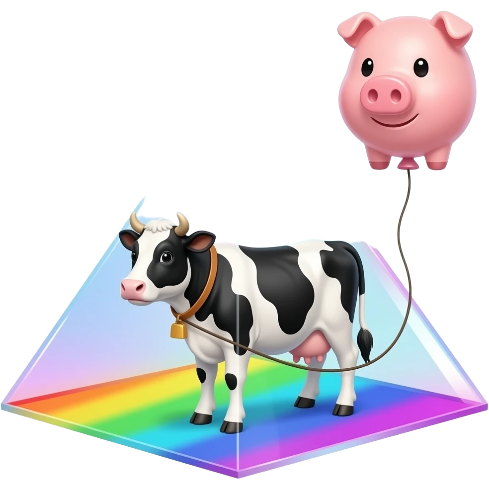 a black and white cow stands inside a glass pyramid floating in space and shining with rainbow colors, outside the pyramid floats a balloon in the shape of a pig connected to the cow emoji