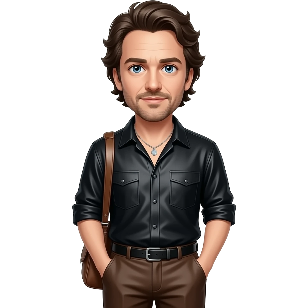 Ethan Hawke with blue eyes, dark brown hair, black metallic shirt, dark brown metallic baggy pants, silver necklace emoji