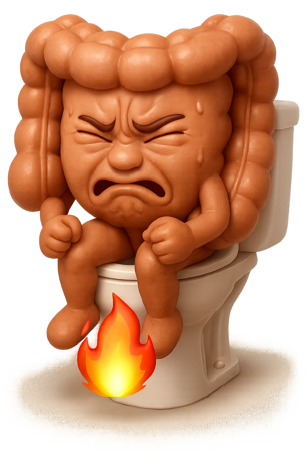 SU QUESTO STILE FAI UN EMOJI STILE IPHONE 3D DI UN INTESTINO CHE sta seduto sul wc e dal wc in mezzo alle sue gambe esce una fiamma stile emoji iphone, FAGLI UN ESPRESSIONE di dolore mentre si sforza E FALLO MOLTO REALISTICO IN 3D emoji