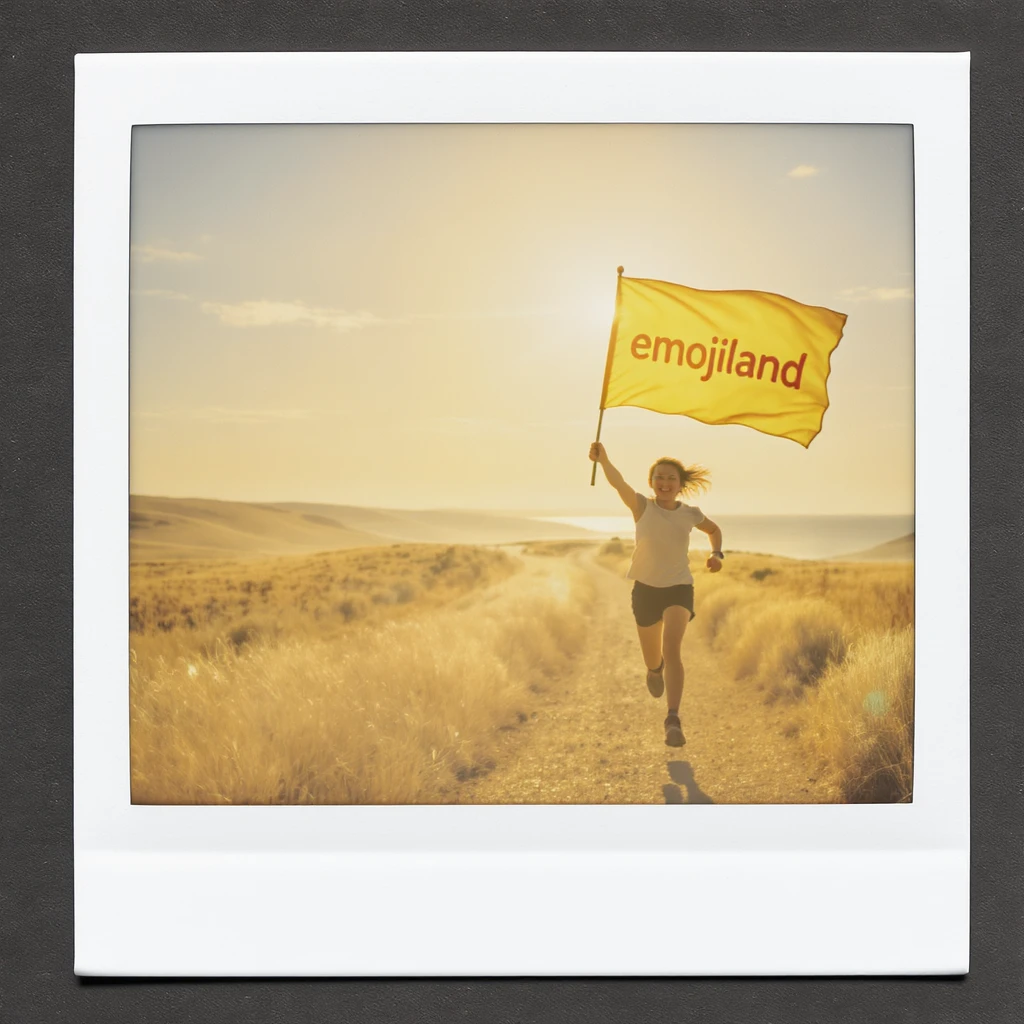 happy runner waving a flag that says 'emojiland' emoji