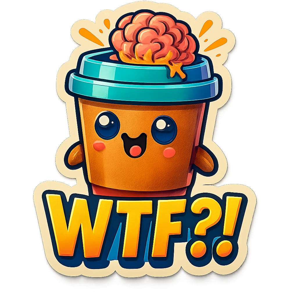 Tall coffee cup, brain blown, big "WTF??!" emoji