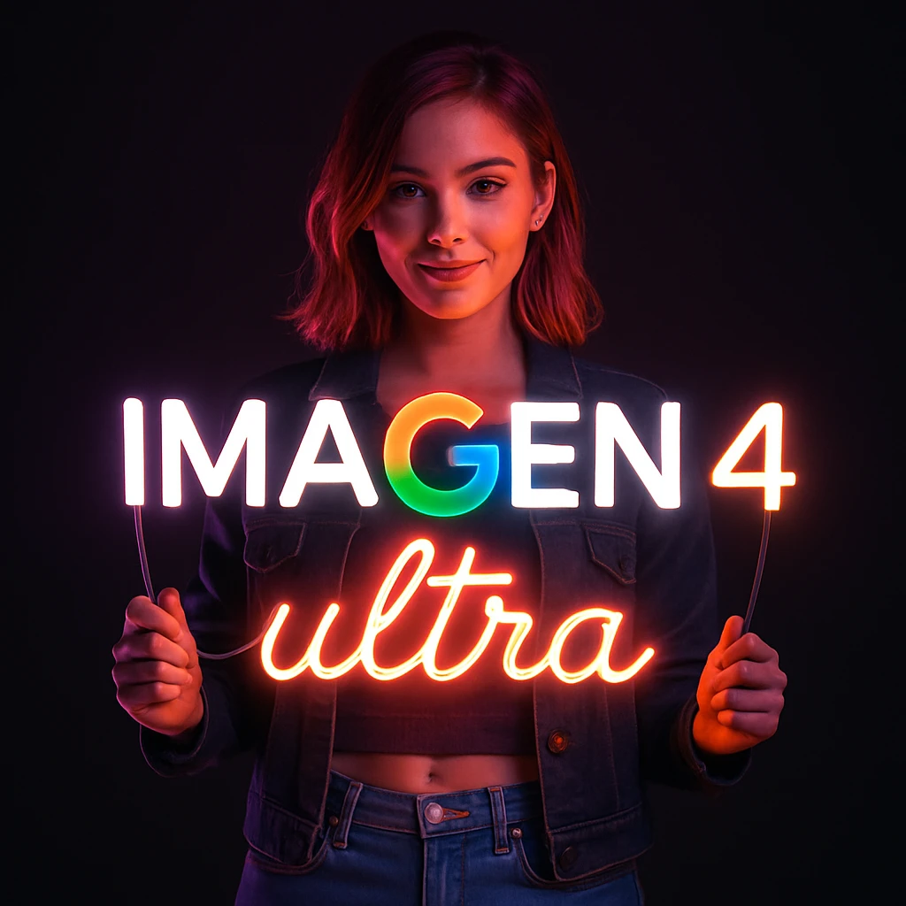 make a girl holding this sign, but sign in made of neon, also add ultra below the sign emoji