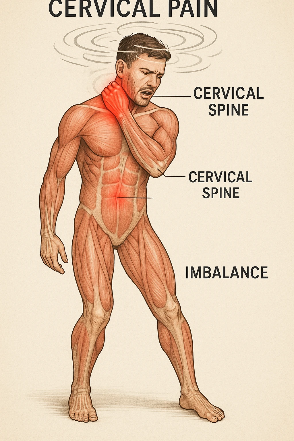 Uomo con dolore per infortunio vista anatomica in piedi con dolori cervicali vertigini e sbandamenti emoji