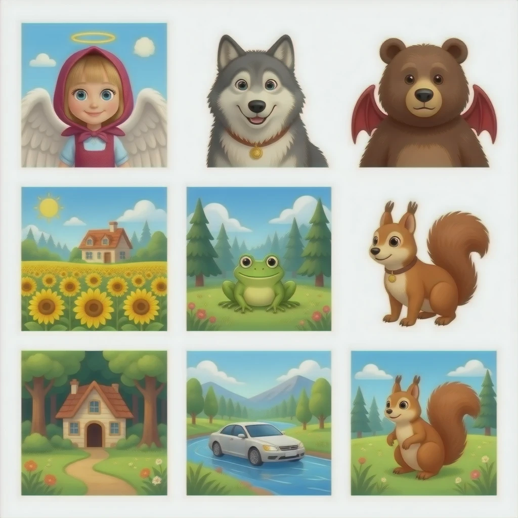 Characters
Masha
Rosie, her angel and devil
Wolves
Goat
Dog
frogs
Bear
Lady bear 
Squirrel
Mosquitoes
Places
Masha's house
sunflower field
Forest, wolf car, squirrel hollow
river emoji
