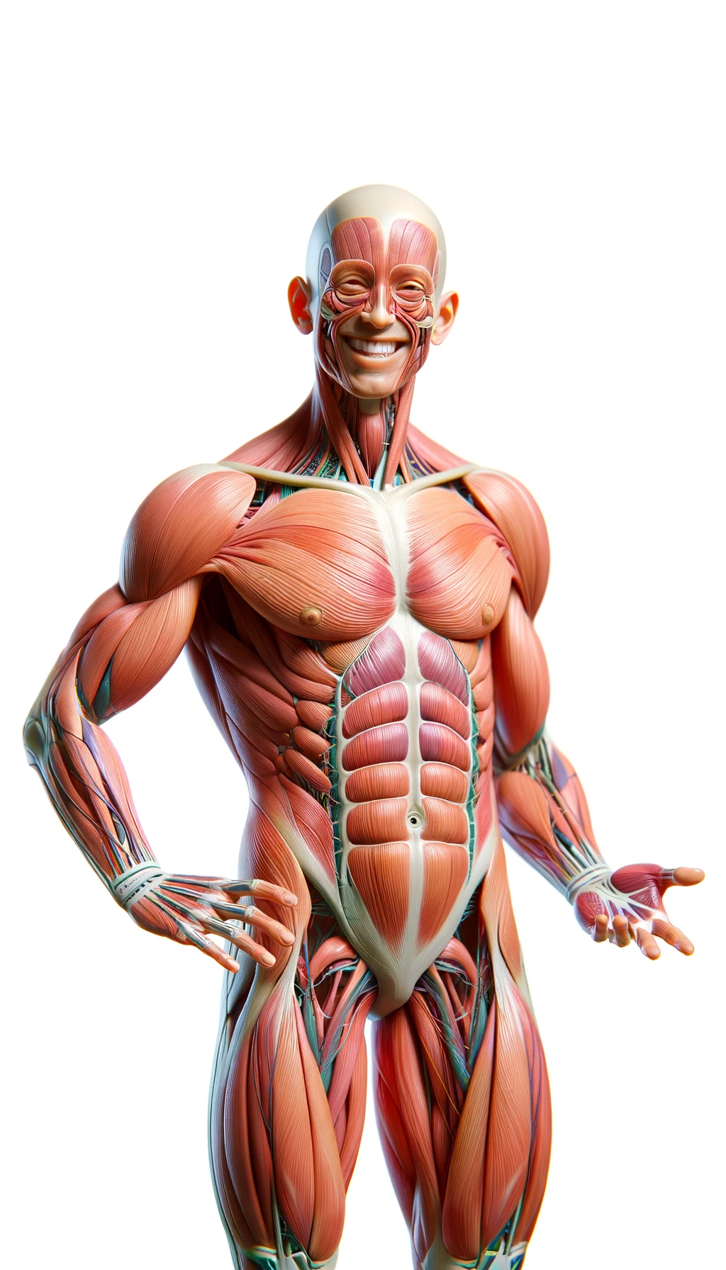 corpo umano anatomico a figura intera visibile fino ai fianchi che sorride rilassato, iperrealistico 4k, isolato su sfondo bianco emoji