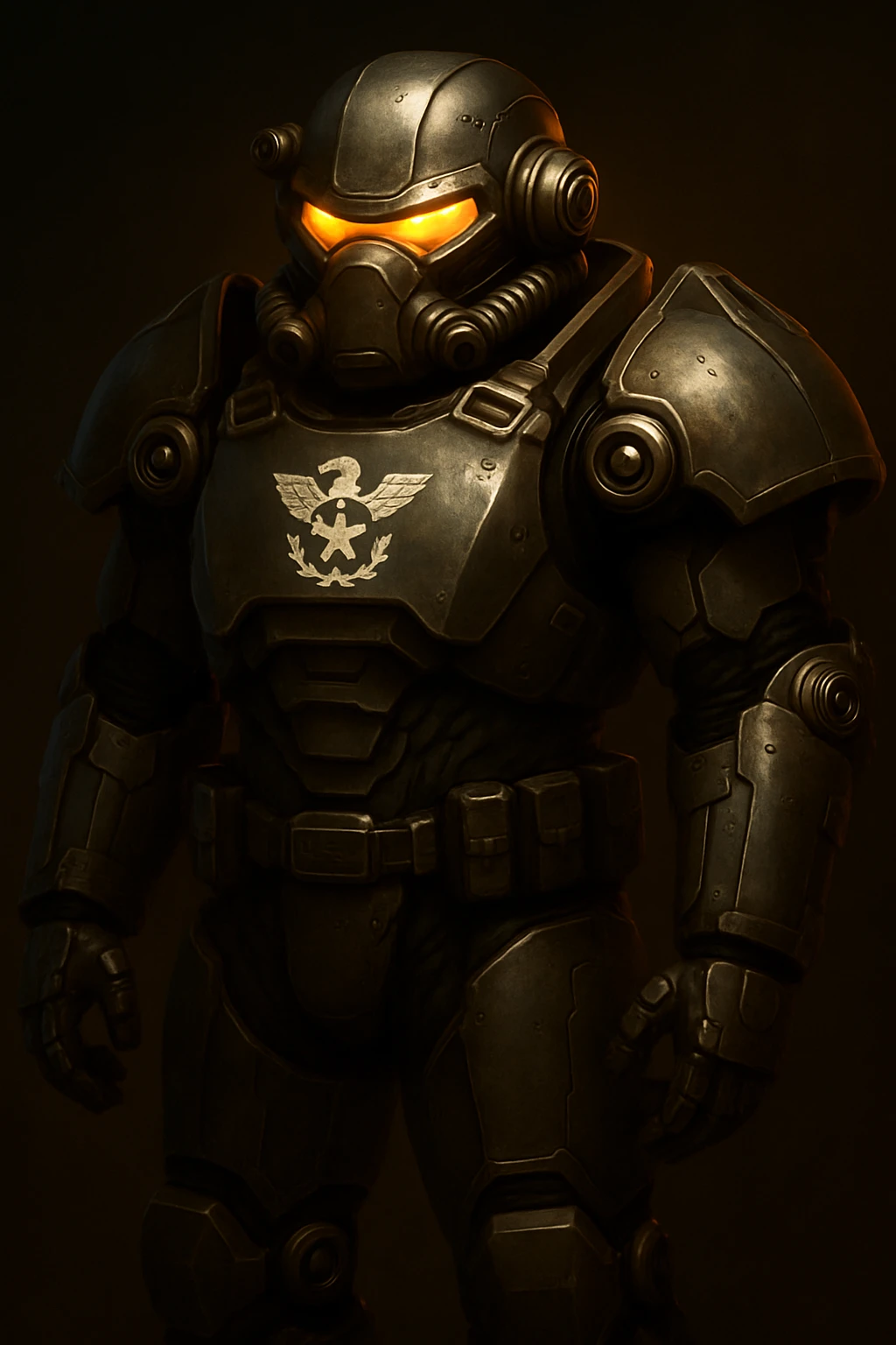 Add the Enclave logo prominently on the chest of the X-01 power armor. Maintain the detailed, futuristic, metallic look with dramatic lighting emphasizing the armor's contours and the logo's presence. emoji