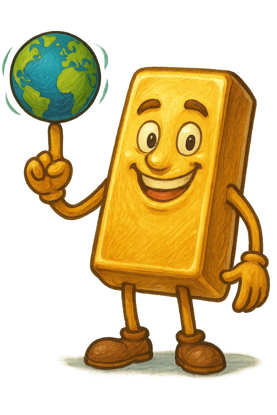 В cлегка рисованной, но при этом объемной и яркой стилистике сгенерируй картинку где слиток золото с руками и ногами стоит и смотрит на зрителя улыбается, в одной руке он на указательном пальце держит вертящуюся землю, как баскетбольный мяч, прозрачный фон emoji