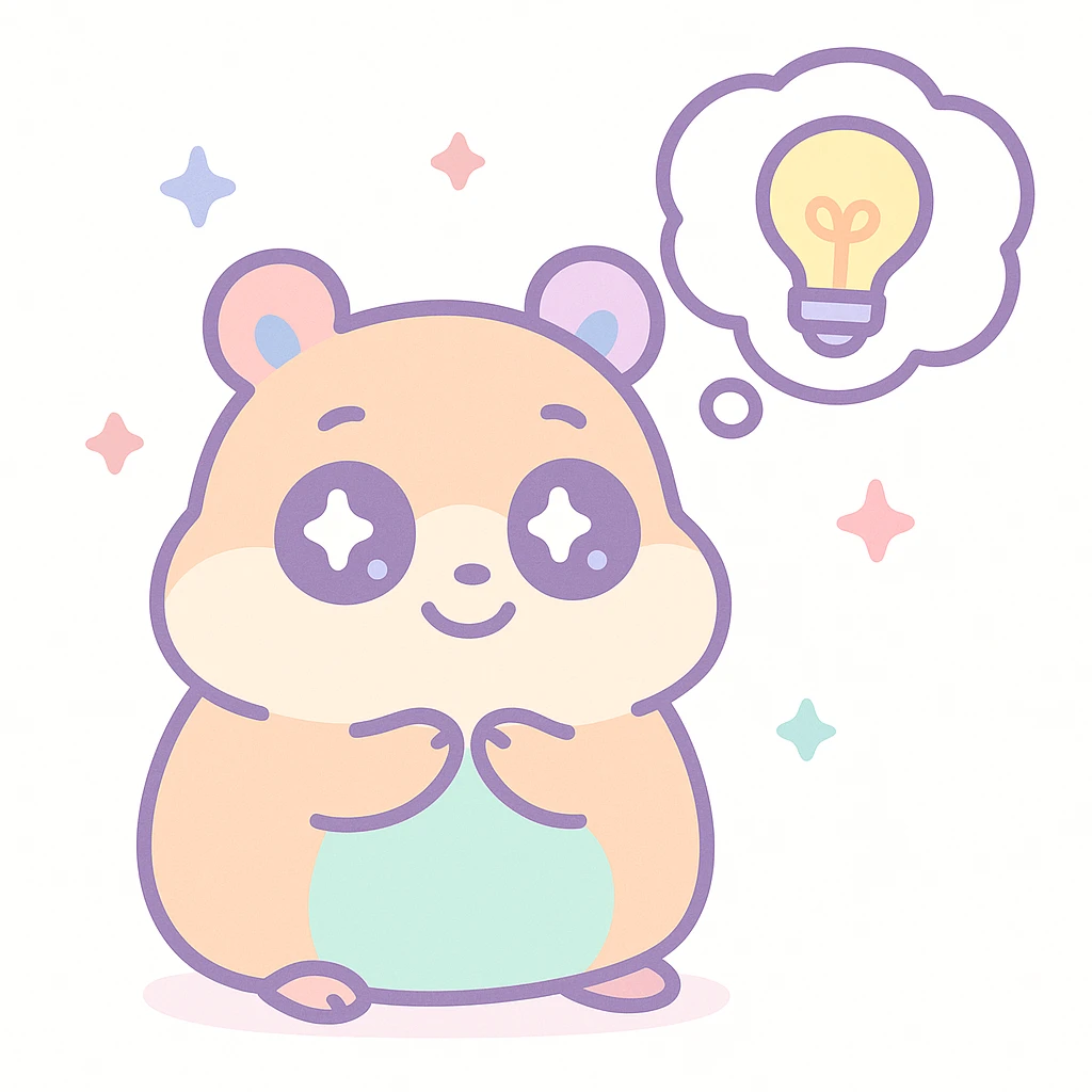cartoon hamster with a thought bubble and a lightbulb, looking inspired, kawaii illustration emoji