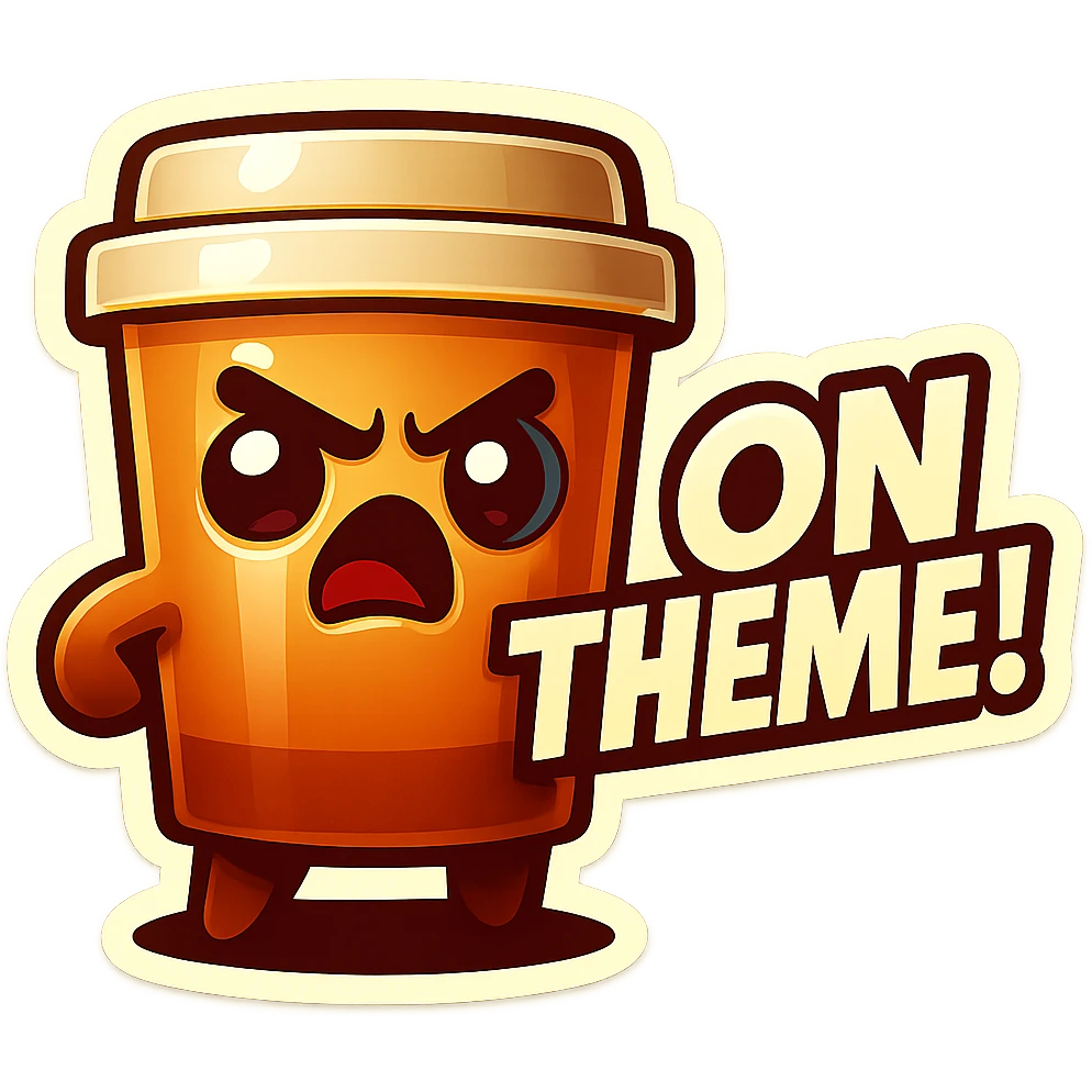 Tall coffee cup, eyebrow furrow, yelling "ON THEME!" emoji