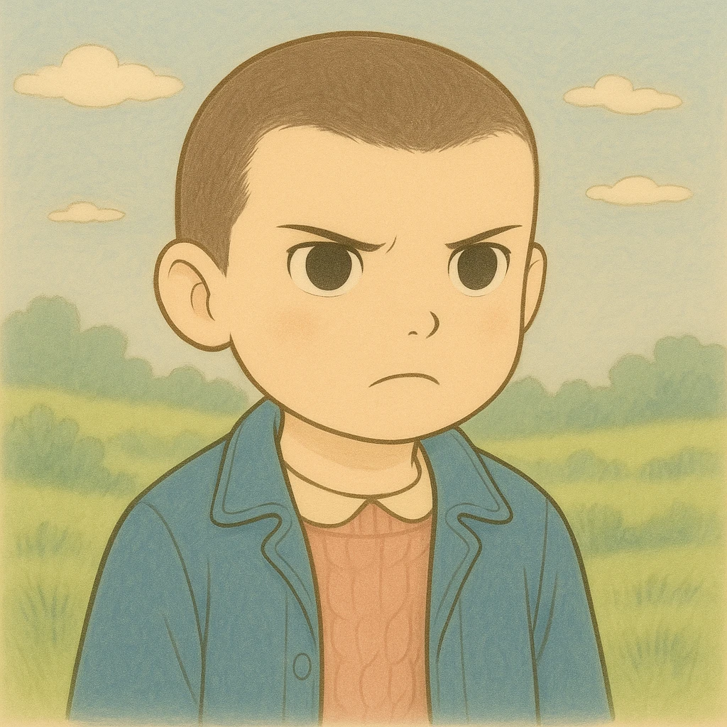 Adjust the image so that Eleven has shaved hair as in the first season, maintaining a serious expression, with a simple and delicate line style as in the reference drawing, colored in pastel tones, in Ghibli style, square format 1:1. emoji