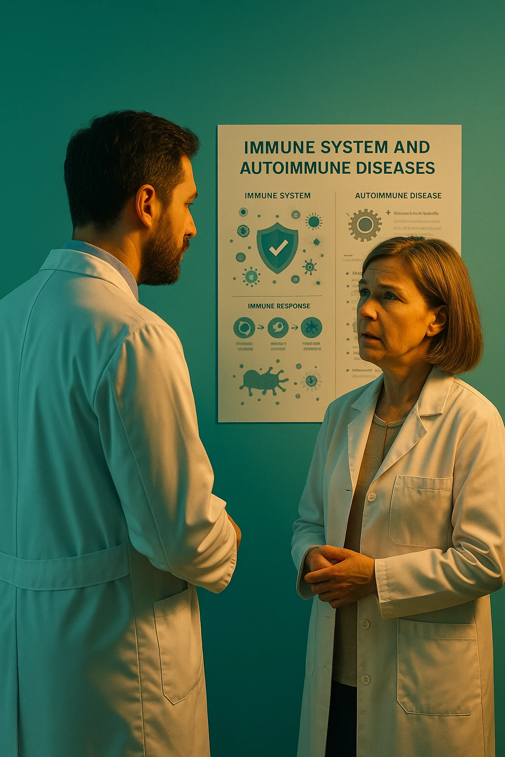 Realistic, detailed photo taken from behind of one doctor e un paziente —a bearded man and a middle-aged woman—standing and facing each other as they discuss an autoimmune disease diagnosis in front of a medical chart that displays information about the immune system and autoimmune conditions. The scene is illuminated by a yellowish, orange, warm light that softly envelops the doctors. The entire room is bathed in a single green-blue color, creating a cohesive and modern atmosphere. Both doctors wear white coats, and their body language suggests a serious, professional conversation about the complexities of autoimmune diseases. Shot with a Canon EOS R5, with high detail and natural depth of field. scritto in italiano emoji