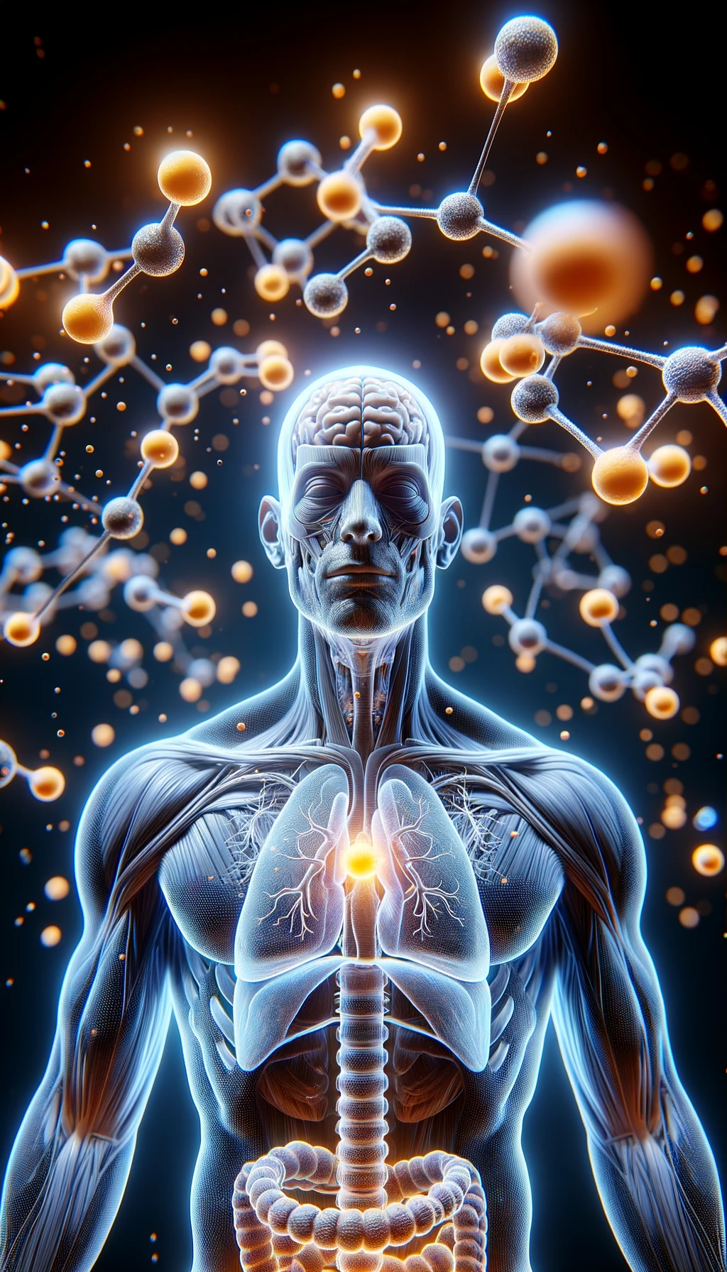 corpo umano anatomico circondato da molecole di dopamina che fluttuano in aria, iperrealistico 4k emoji