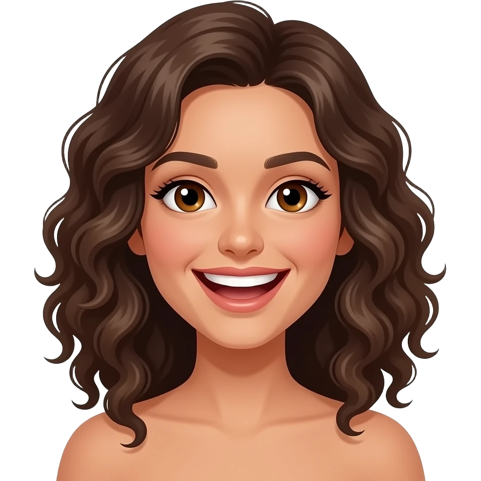 Sie hat Schulter lange Haare. Ihre starken locken fangen eher unten an also sie hat diese locken Brasilien locken. Braune Augen. Jungkiches Gesicht und immer am lachen emoji