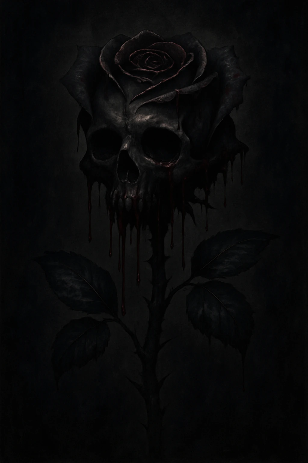 A gothic rose with a skull as the flower, weeping or dripping effect from the petals, dark and dramatic emoji
