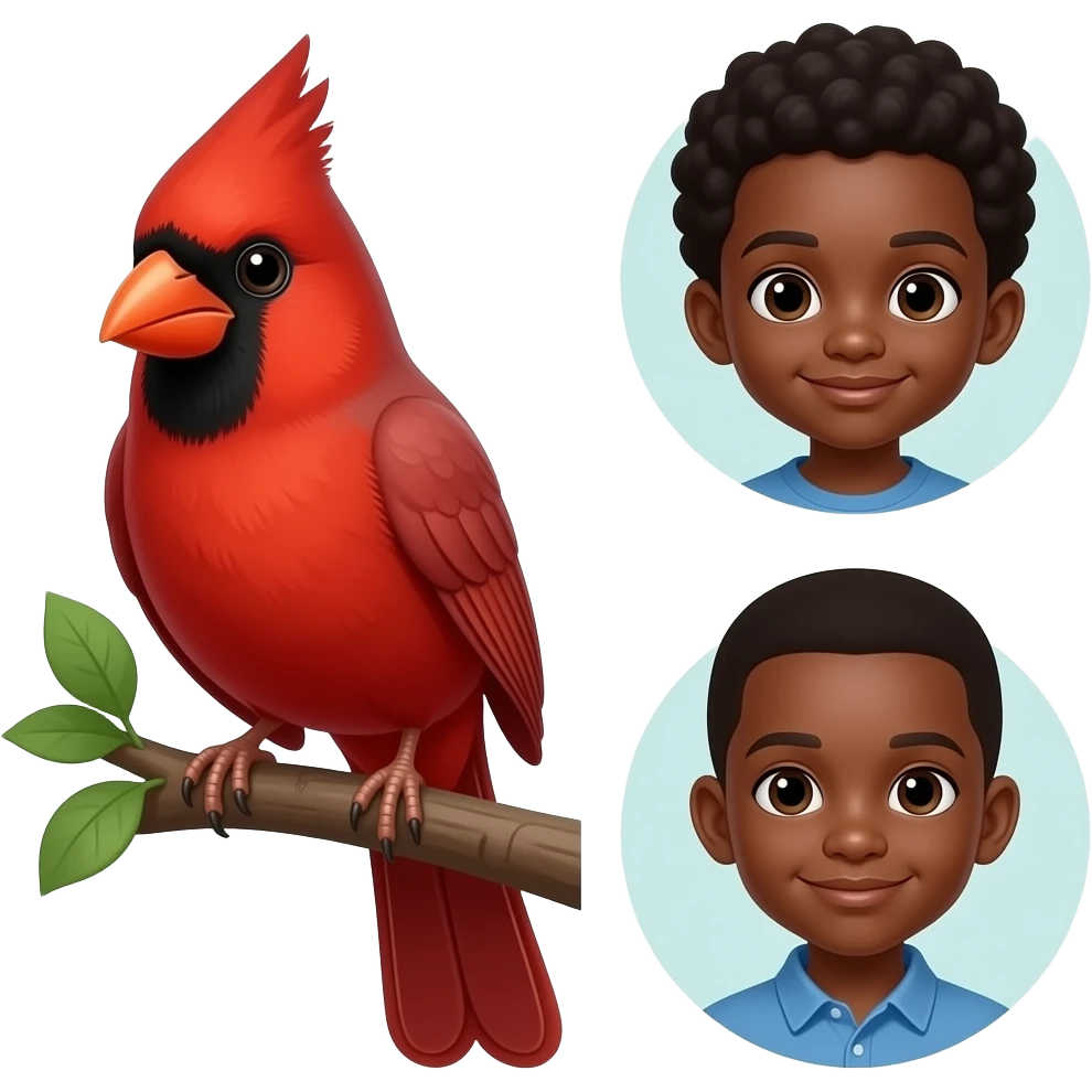 Red cardinal in a tree with an African American toddler and African American boy emoji