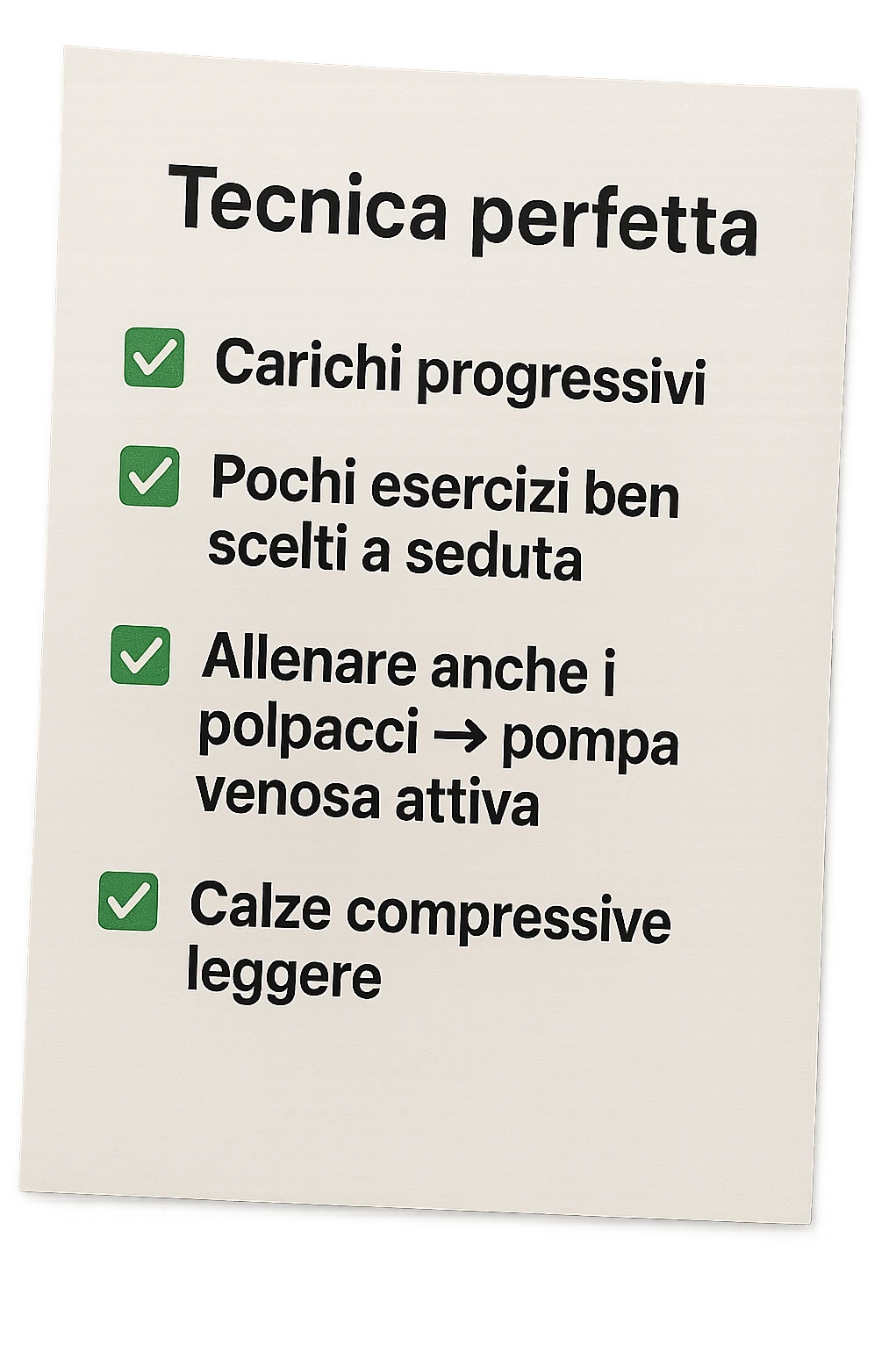 FOGLIO DI CARTA PER L'ALLENAMENTO IN PALESTRA CON LA SCRITTA "Tecnica perfetta
 ✅ Carichi progressivi
 ✅ Pochi esercizi ben scelti a seduta
 ✅ Allenare anche i polpacci → pompa venosa attiva
 ✅ Calze compressive leggere" , IPERREALISTICA 4K emoji
