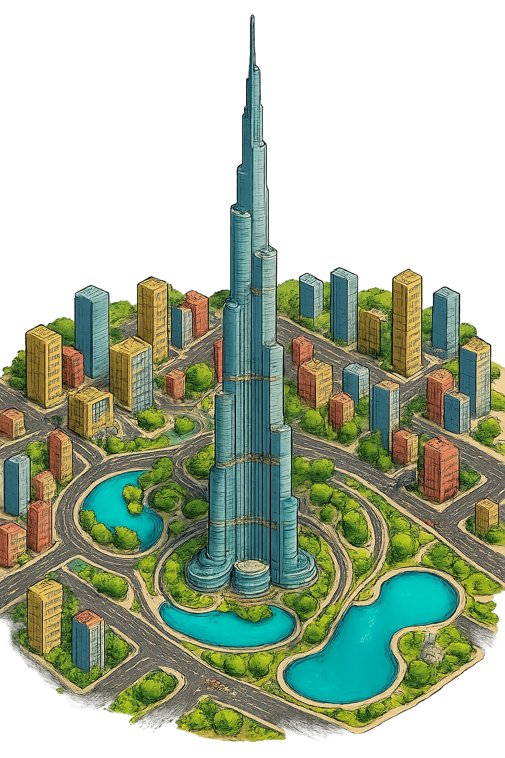 Изометричная, яркая, детализированная и фотореалистичная иллюстрация Burj Khalifa в стиле 3D-коллажей городов, насыщенные цвета, аккуратные и чёткие линии, мультяшно-реалистичная стилистика. Чёткие контуры, не размазанные линии, высокое качество, прозрачный фон, не обрезать края картинки emoji