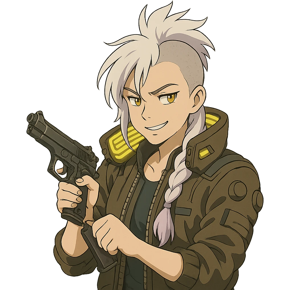 1 female, gold yellow eyes, white hair lavender tips, long white braid, unruly locks in front, mohawk, wearing trademark cyberpunk jacket with the lit up inner collar, reloading a m9 pistol with a smirk emoji