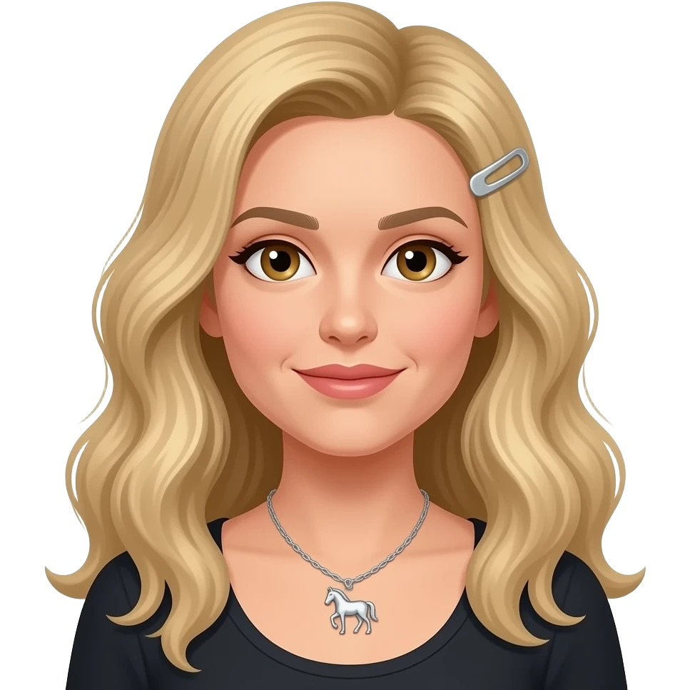 female, blonde hair, very long wavy hair, hazel eyes, mid 30's, silver horse necklace, hair clip in right side emoji