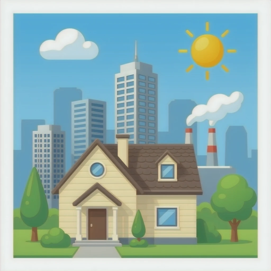 a house and tall office buildings and a factory emoji