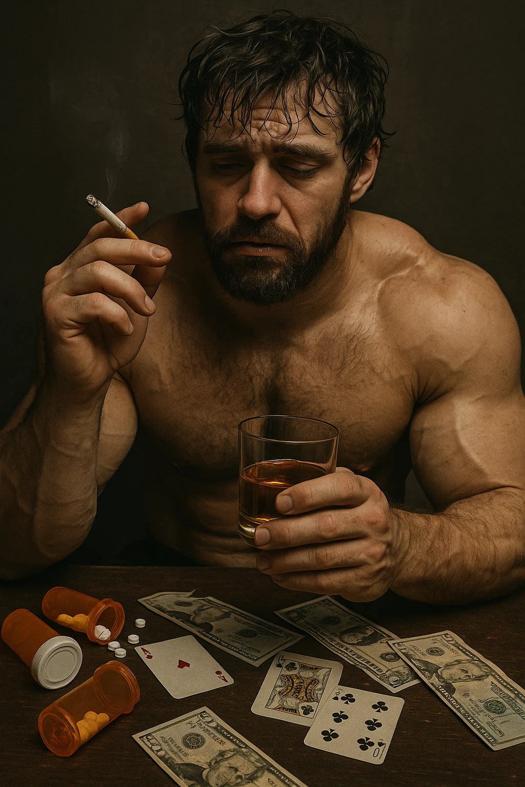 vertical realistic image of a bodybuilder with cigarette, glass of alcohol, and other symbols of vices, tired or unkempt expression, 2:3 aspect ratio emoji