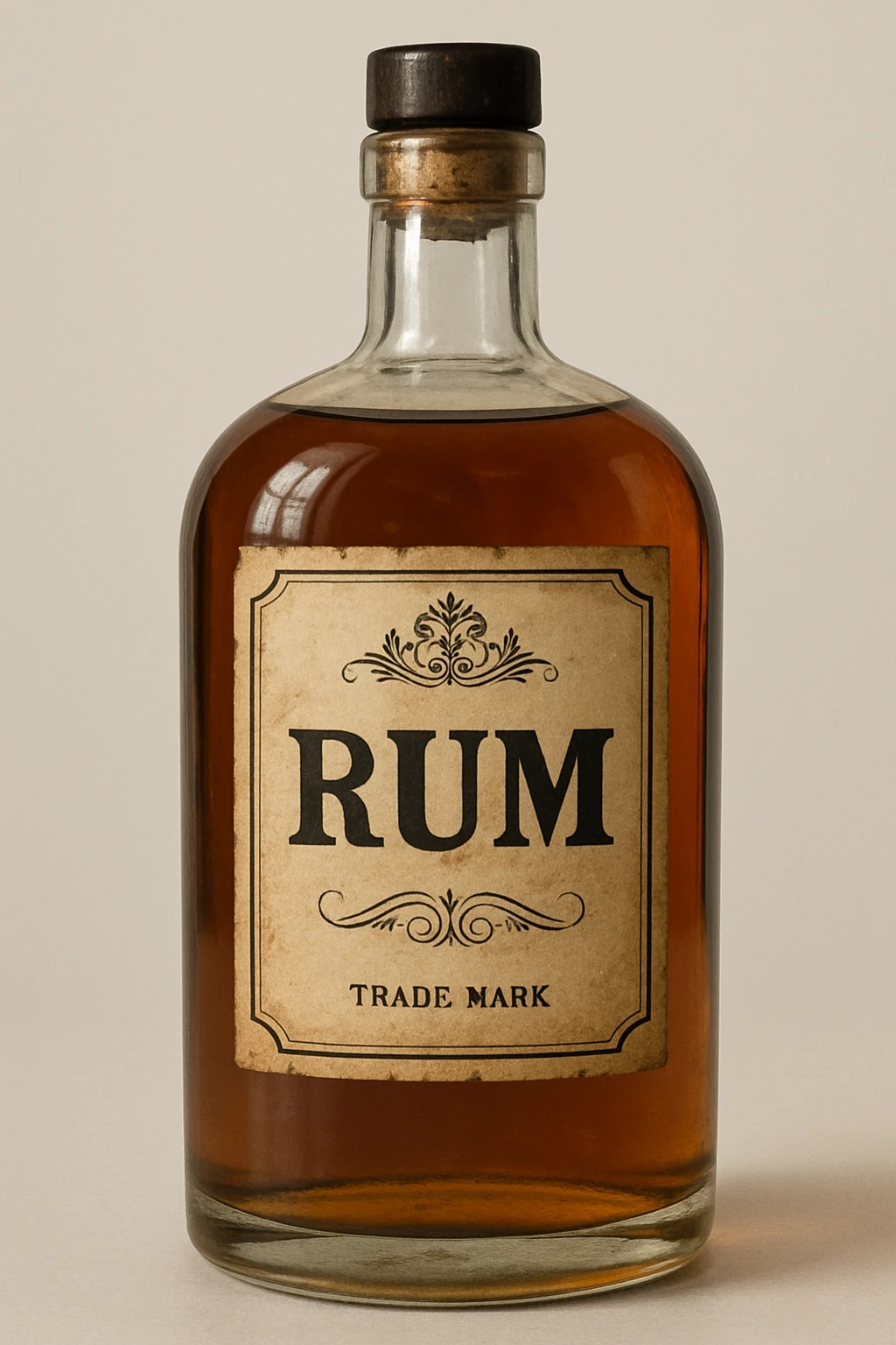 a realistic glass rum bottle, brown liquid, vintage label emoji