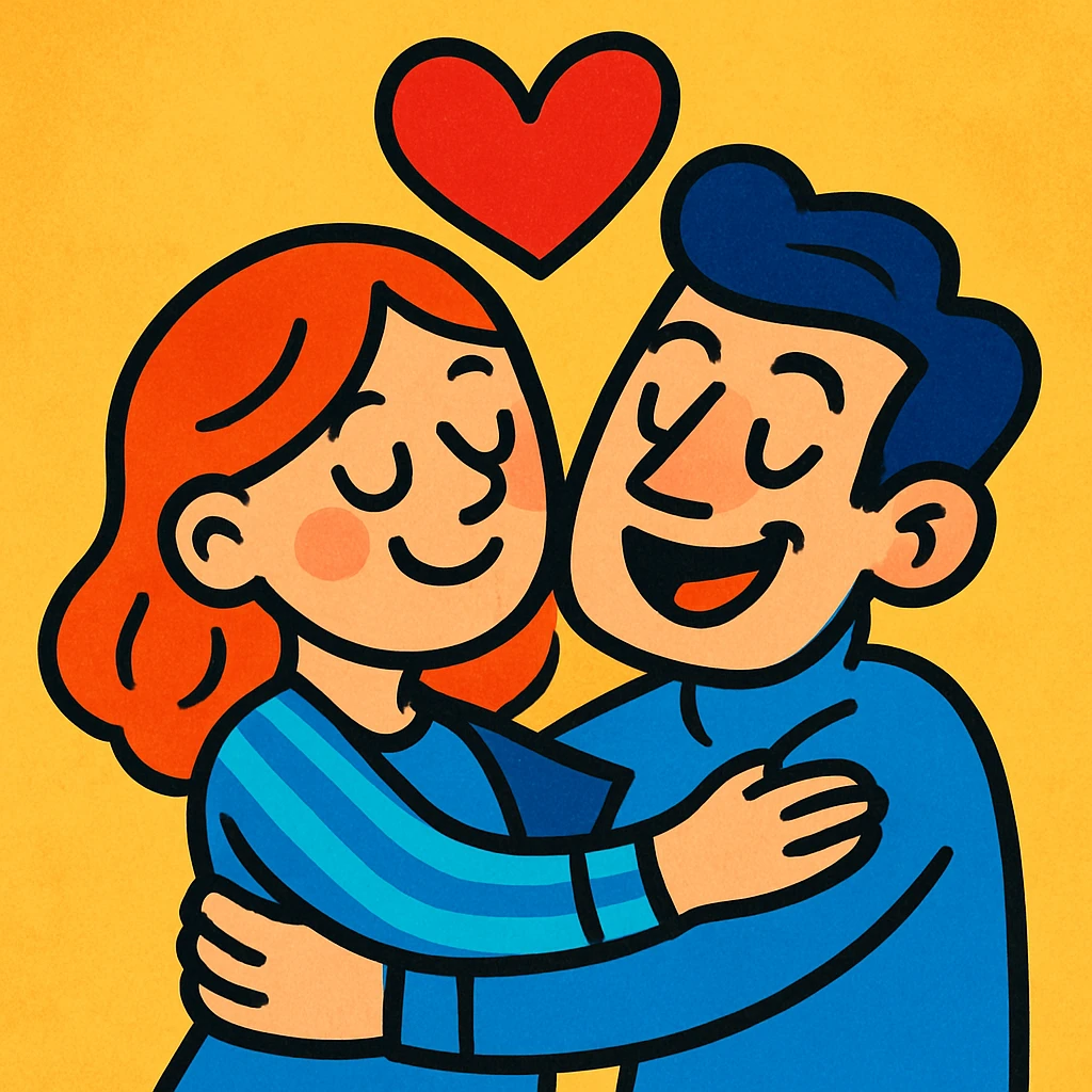 An in love couple with a heart above them, enjoy style emoji