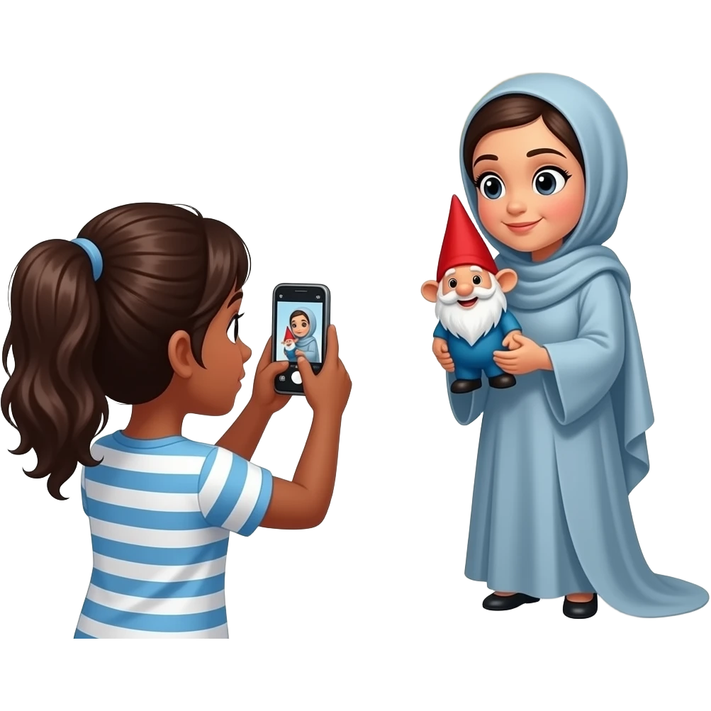 A black girl taking a photo of an Arab girl  holding a small gnome while standing in front of the Hollywood sign emoji
