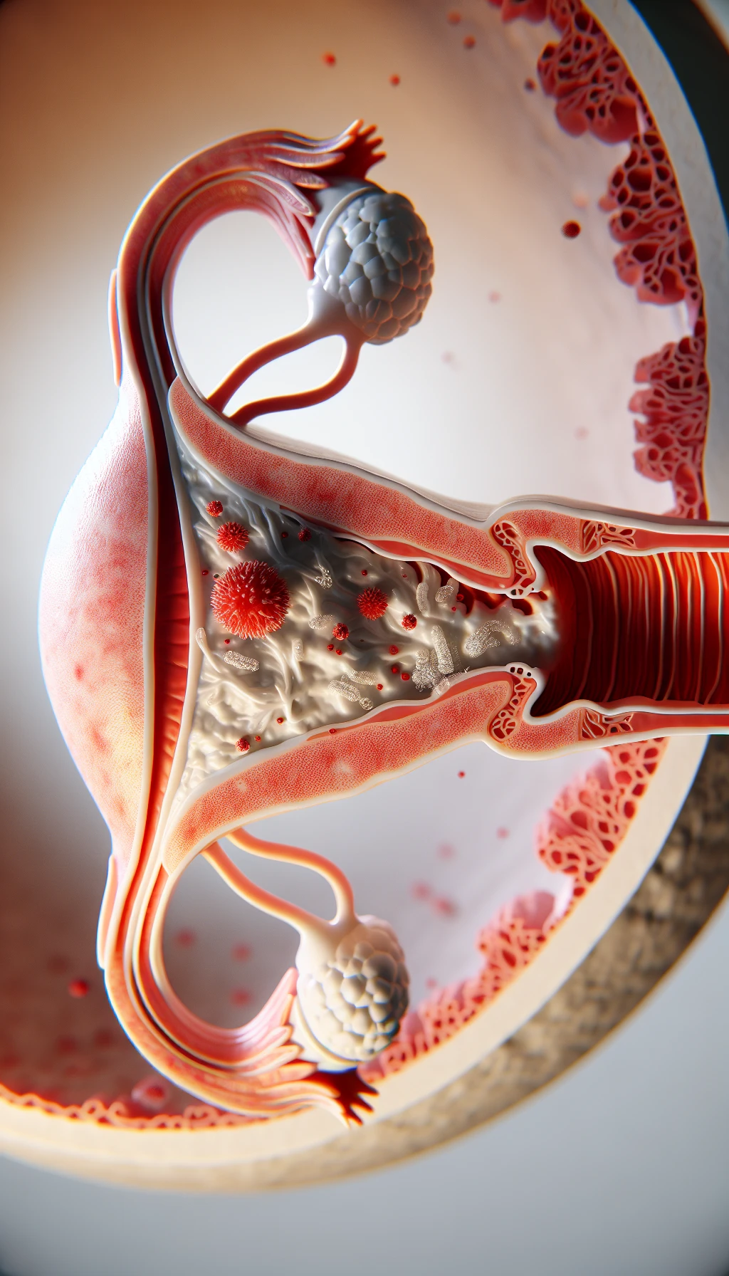 corpo umano anatomico con batteri come la candida nell'utero, sfondo neutro chiaro, iperrealistico 4k emoji