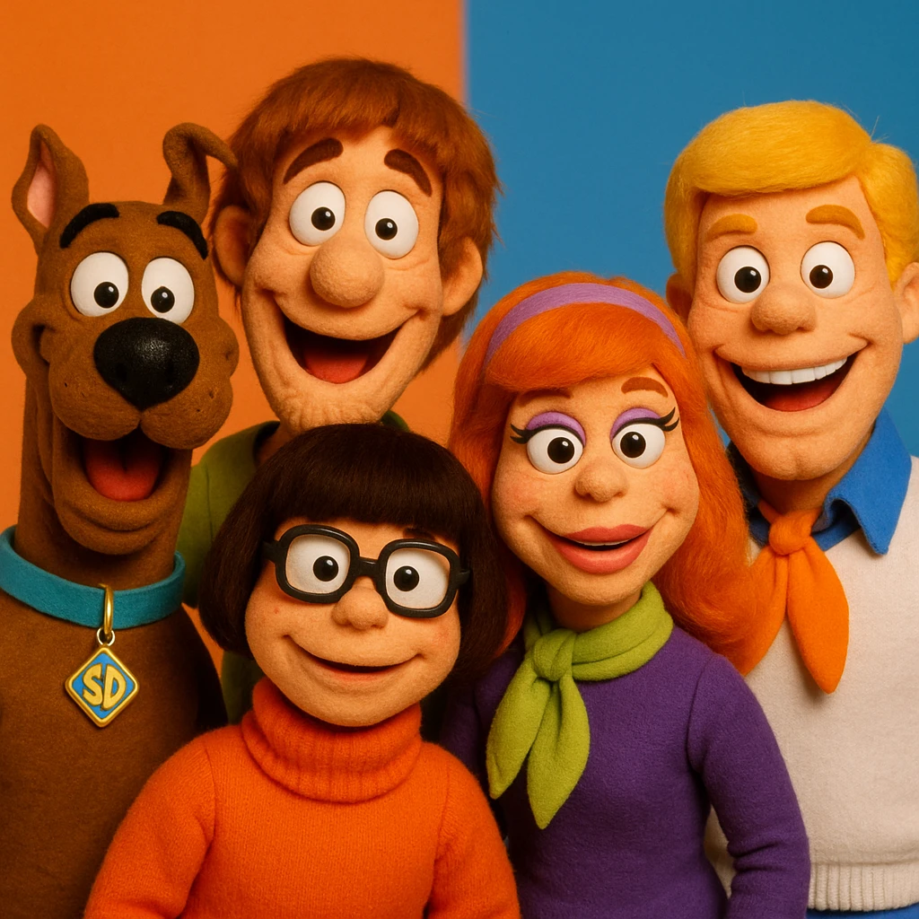 scooby doo sous forme des marionnette style minikeums la célèbre émission française

 emoji