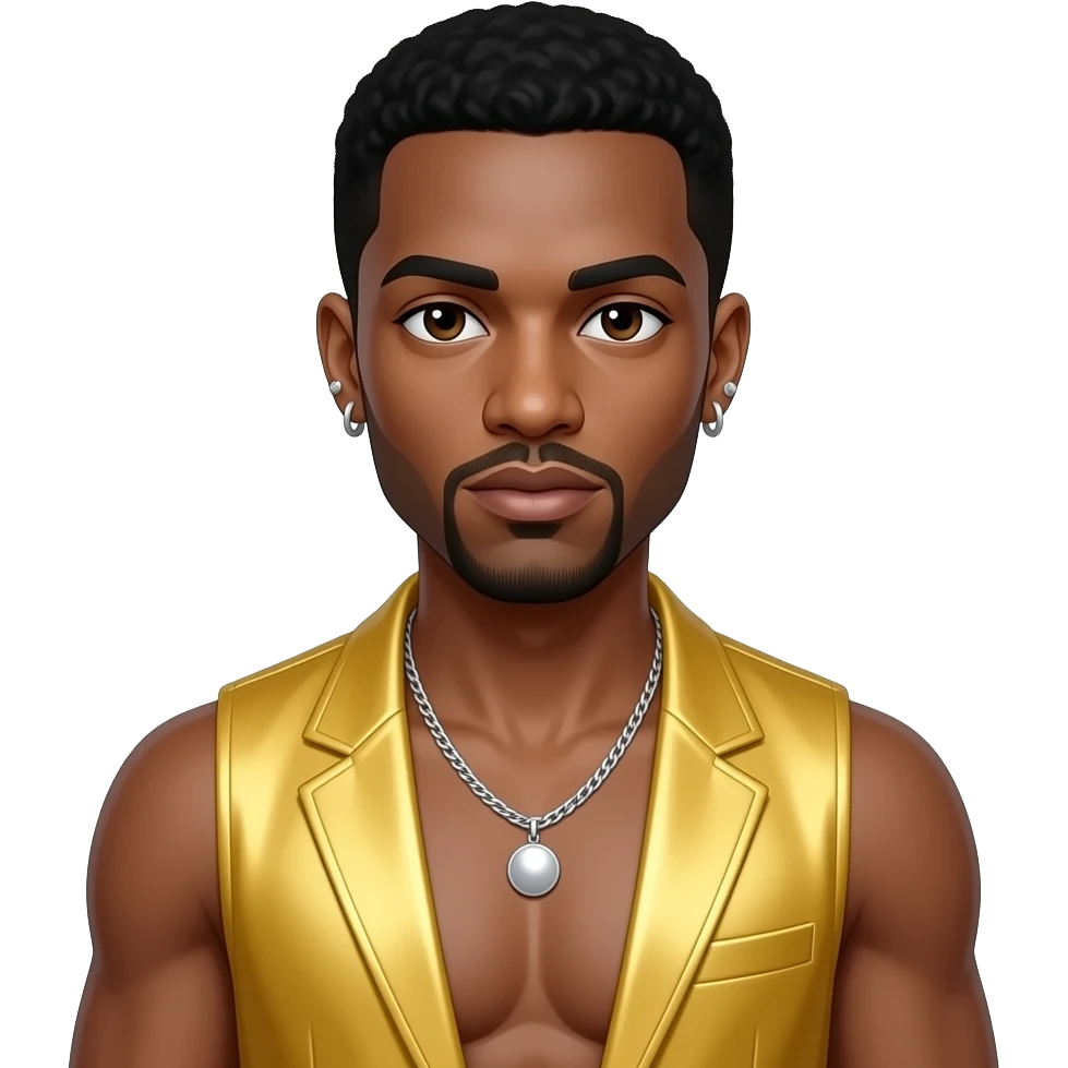 Usher with dark brown eyes, black hair, butter yellow metallic vest, shirtless with necklace and earrings emoji