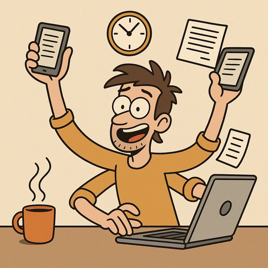 a freelancer juggling multiple tasks, energetic style emoji