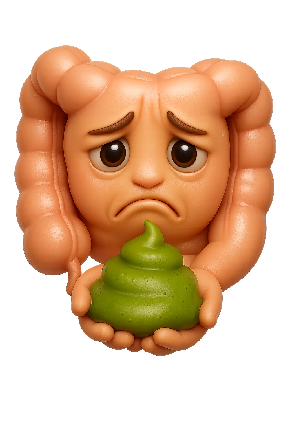 emoji stile iphone 3d di un intestino con espressione triste con cacca verde e liquida in mano , iperrealistiche 4k emoji