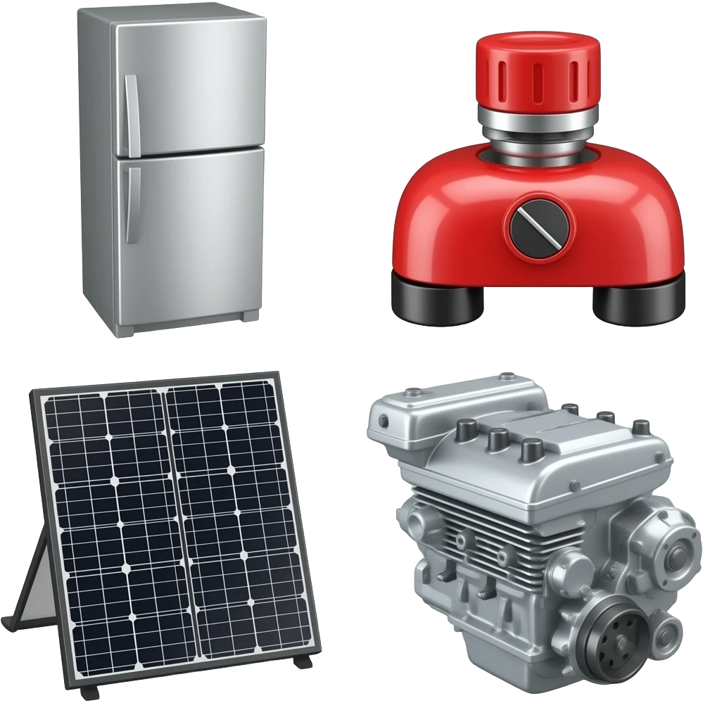Collage of fridge, Gas burner, Solar, engine emoji