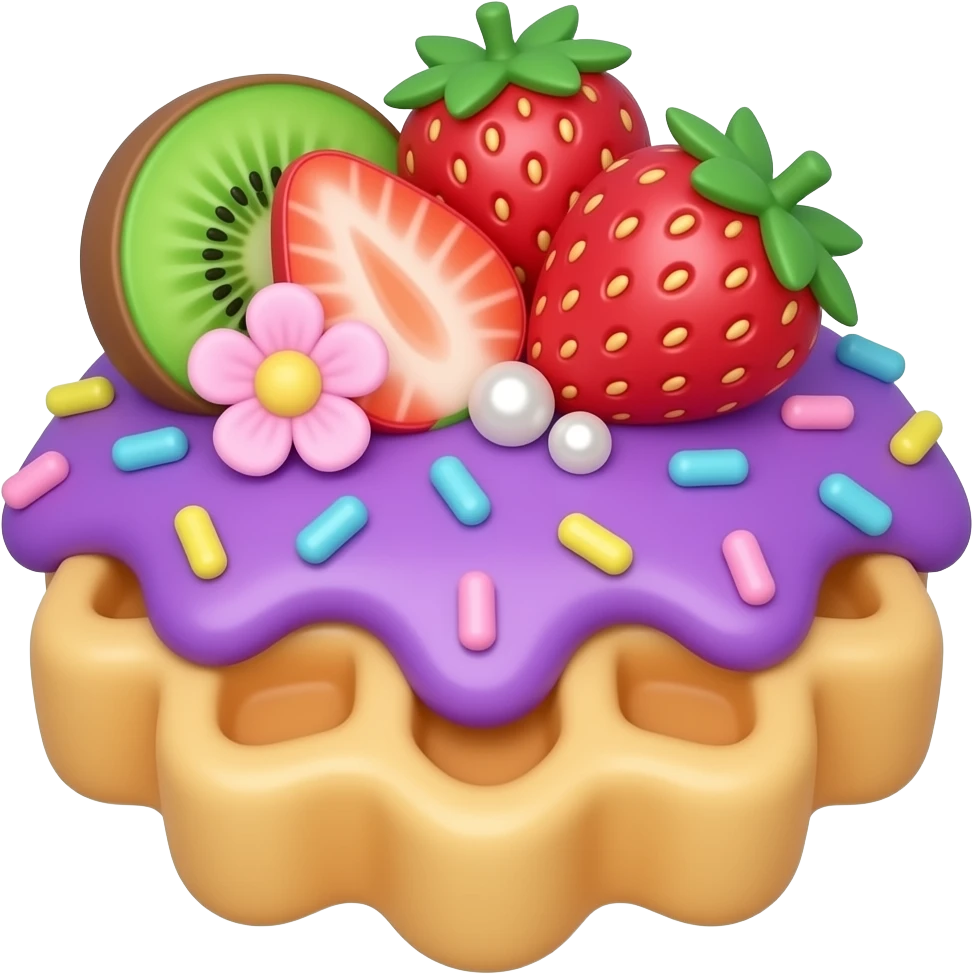 A kiwi purple and blue sprinkles on a waffle with strawberry puree and strawberry’s and sparkles and pearled with a cute little pink flower on it emoji