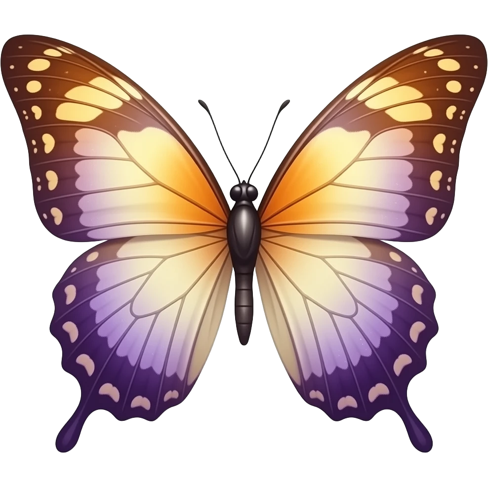 A graceful butterfly companion with luminous wings in warm amber, ivory, and deep violet, with elegant organic patterns and a soft magical glow, rendered in a sophisticated botanical fantasy style. emoji