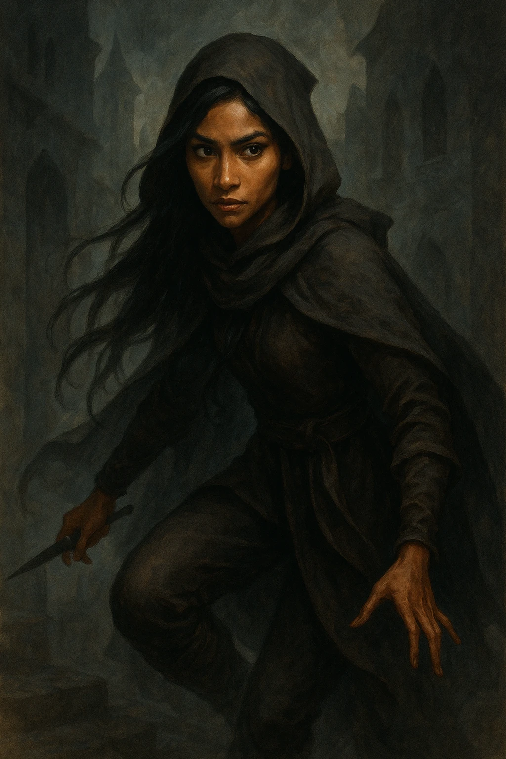 Inej Ghafa (the Wraith) from Six of Crows, young Suli woman with long dark hair, warm brown skin, wearing a hooded cloak, agile and graceful, intense eyes, mysterious and determined expression emoji