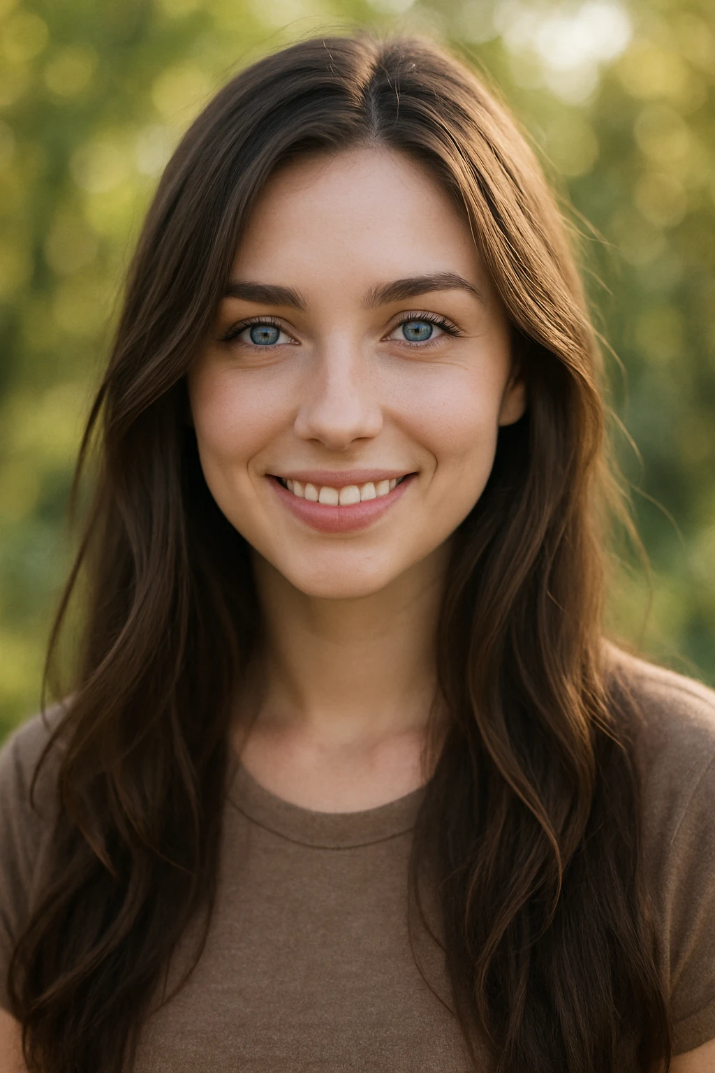 a beautiful brunette girl with blue eyes, long hair, friendly and sweet demeanor emoji