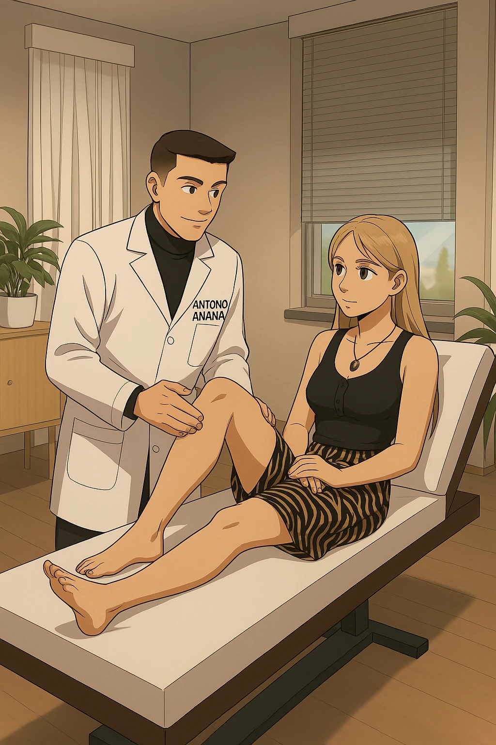 fai un webtoon/manga a colori con questo kinesiologo in camice bianco (fagli la scritta "ANTONIO ANANIA" SUL CAMICE) CHE SVOLGE UN TEST NEUROMUSCOLARE SOLLEVANDO UNA GAMBA ALLA RAGAZZA CHE è STESA SU UN LETTINO BIANCO. STANZA SEMPLICE E MODERNA, DURANTE IL TEST I DUE DIALOGANO TRA LORO. NON FARE I FUMETTI, FAI SOLO LORO COME SE DIALOGASSERO emoji