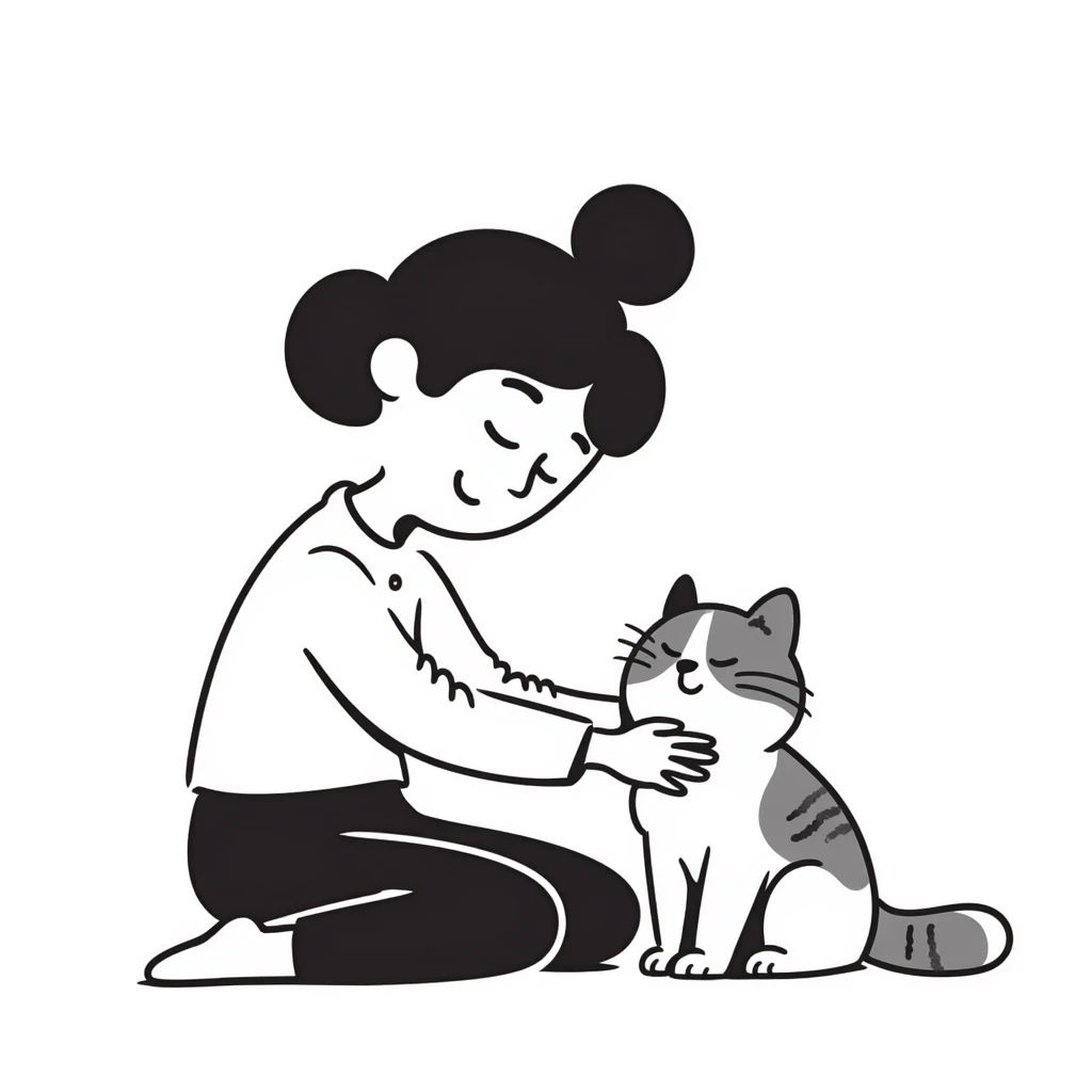 brown-haired Asian girl with her blue and white Manchikon cat, both happy emoji