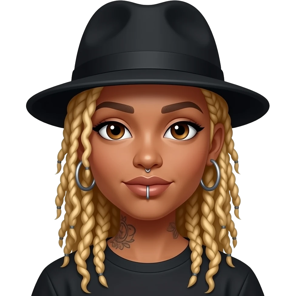Black girl with blonde locs, hoop earrings, nose piercing, tattoos and black hat emoji