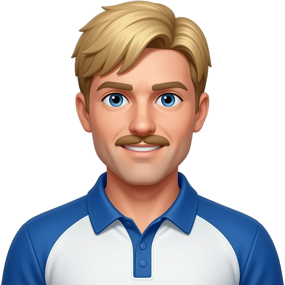 Coach Heider (Male) from Fictional Characters with dark blue eyes, strawberry blonde short bang hair and thin mustache, blue and white metallic baseball polo shirt emoji