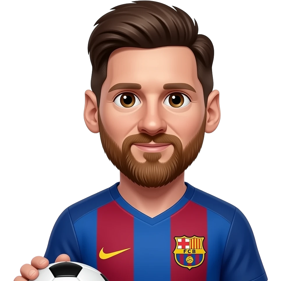 Messi emoji style, cute 3D cartoon avatar, brown hair, short beard, big brown eyes, wearing classic FC Barcelona blue and red striped jersey, holding a black and white soccer ball on LEFT side, centered portrait, soft gradient background, glossy emoji render, Apple emoji style, clean vector shading emoji