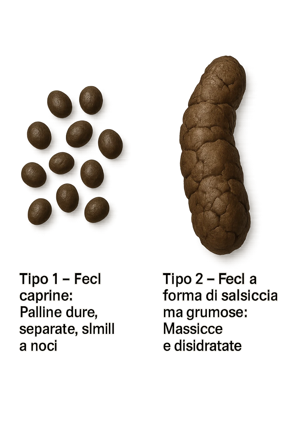 immagine di due tipi di feci iperrealistiche viste dall'alto con descrizione:
Tipo 1 – Feci caprine
Palline dure, separate, simili a noci

Tipo 2 – Feci a forma di salsiccia ma grumose
Massicce e disidratate.
 emoji