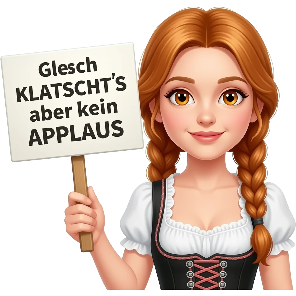 sexy girl with overlong ginger hair in braids and ginger eyes wearing a dirndl holding a Gleich KLATSCHT'S aber kein APPLAUS sign emoji