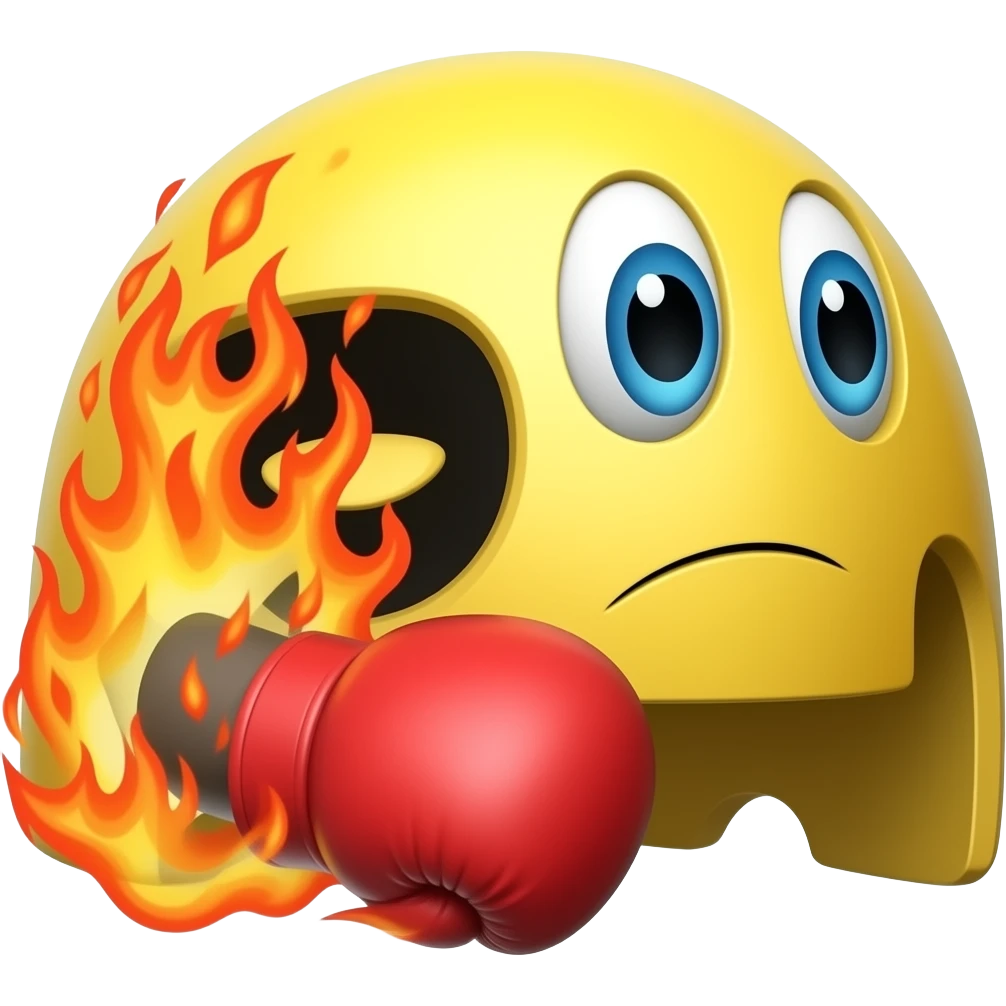 Traditional PAC man with no eyes with flames arm punching with a boxing emoji