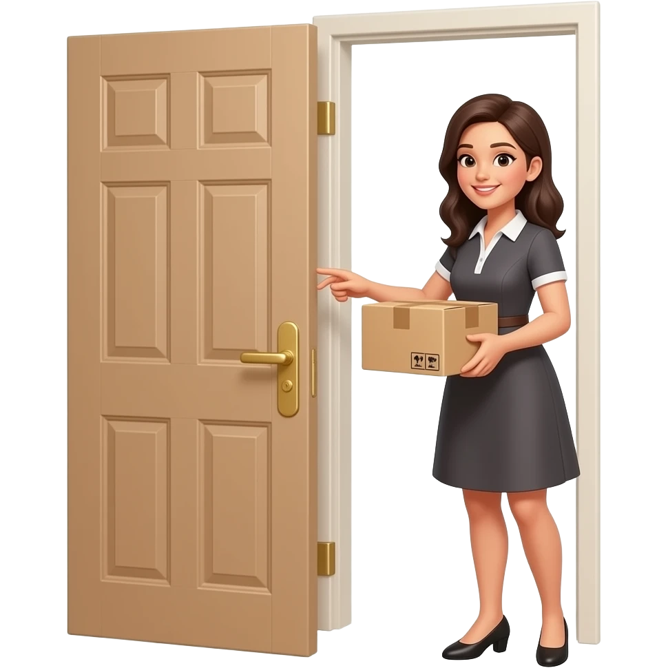pretty woman with dress opening a door to pick up her package emoji