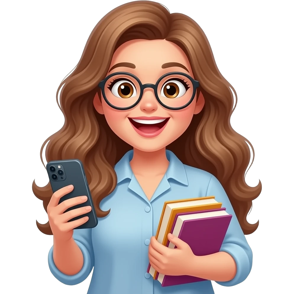 detailed emoji illustration of a curvy woman with long light brown wavy hair, light brown eyes and round glasses holding her phone while adding books to an online cart, excited shopping expression, cute emoji style emoji
